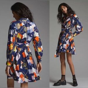 Anthropologie Maeve Shirt Dress Nautical Print Long Sleeve Size M